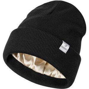 Womens Satin Lined Knit Beanie Hat, Black